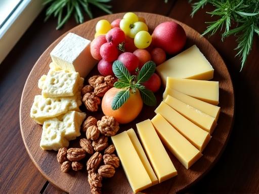 Eine reichhaltige Käseplatte mit Schweizer Käsesorten, Nüssen und Früchten.