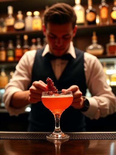 Ein Barkeeper mixt einen kunstvollen Cocktail an einer eleganten Bar.
