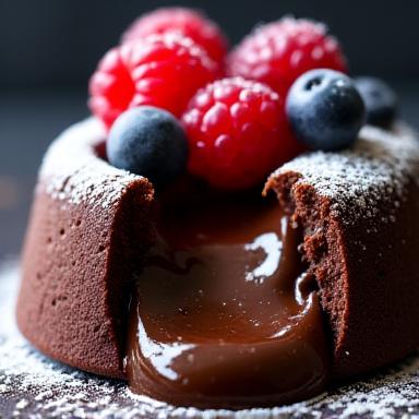 Ein Schokoladendessert mit flüssigem Kern und Beeren.