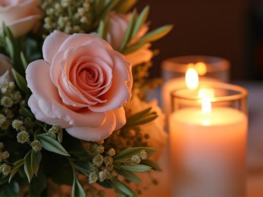 Detailaufnahme einer eleganten Tischdekoration mit Blumen und Kerzen.