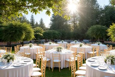 Elegant gedeckte Tische bei einem Catering-Event im Freien.