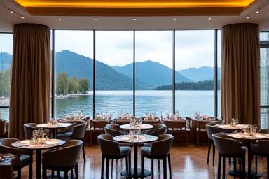 Ein stilvolles Hotelrestaurant mit Blick auf einen See.