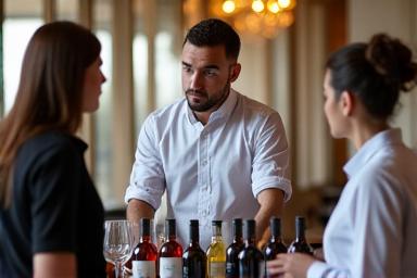 Ein Sommelier schult Servicepersonal im Umgang mit Wein.